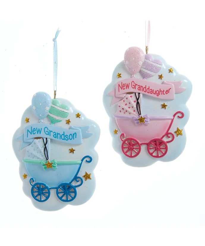Kurt S. Adler - Grandson and Granddaughter Baby Stroller Ornaments For Personalization, 2 Assorted